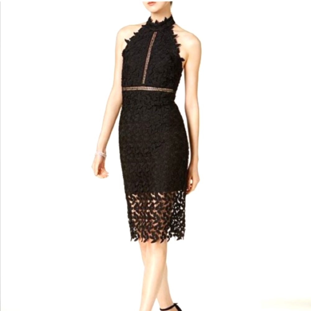 Bardot Revolve Anthro Black Prom Dress Leaf Lace Halter Neck Midi Elegant 6 (S)